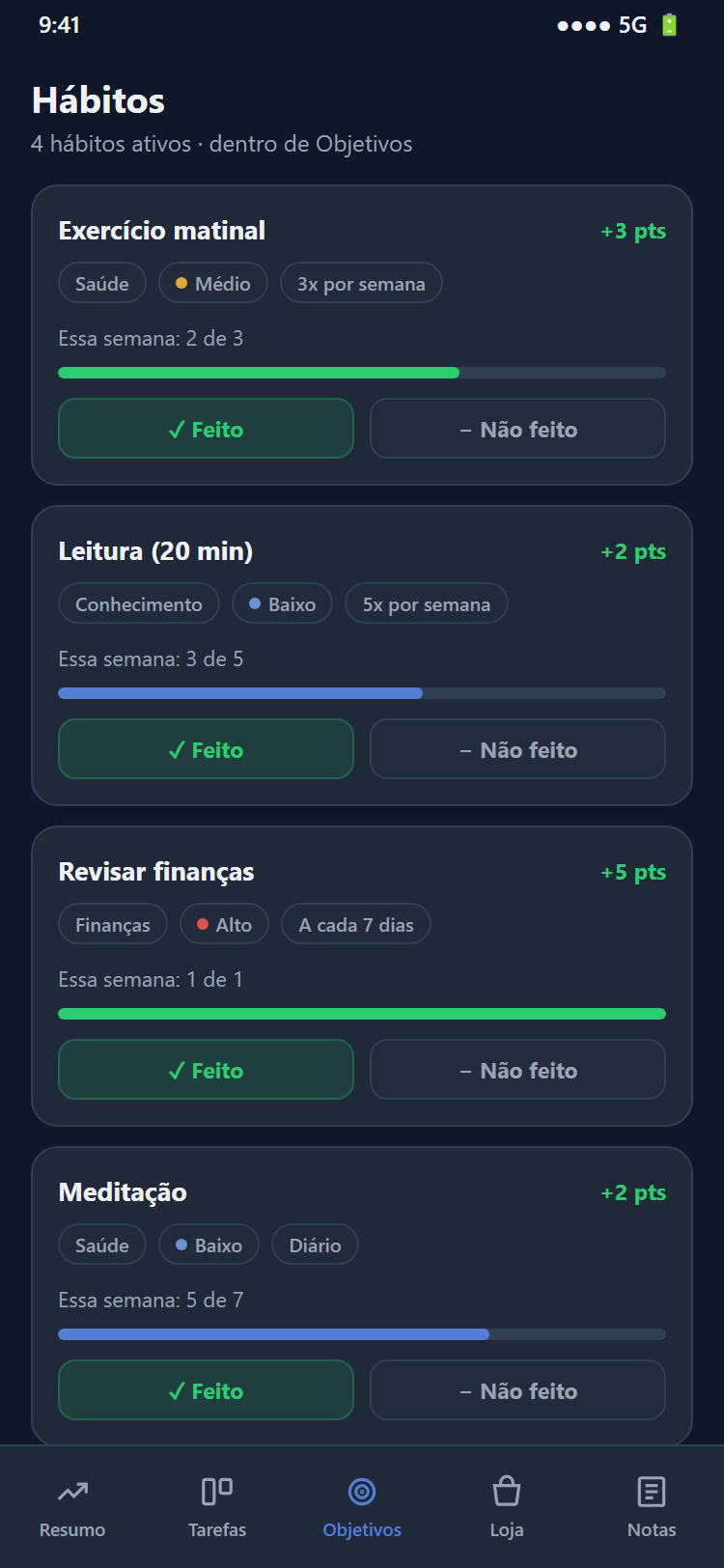 Tela de hábitos com meta semanal e dificuldade no Trilho app