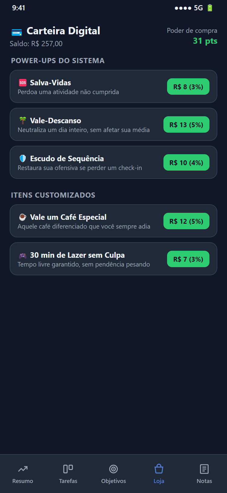 Tela da loja de recompensas no Trilho app