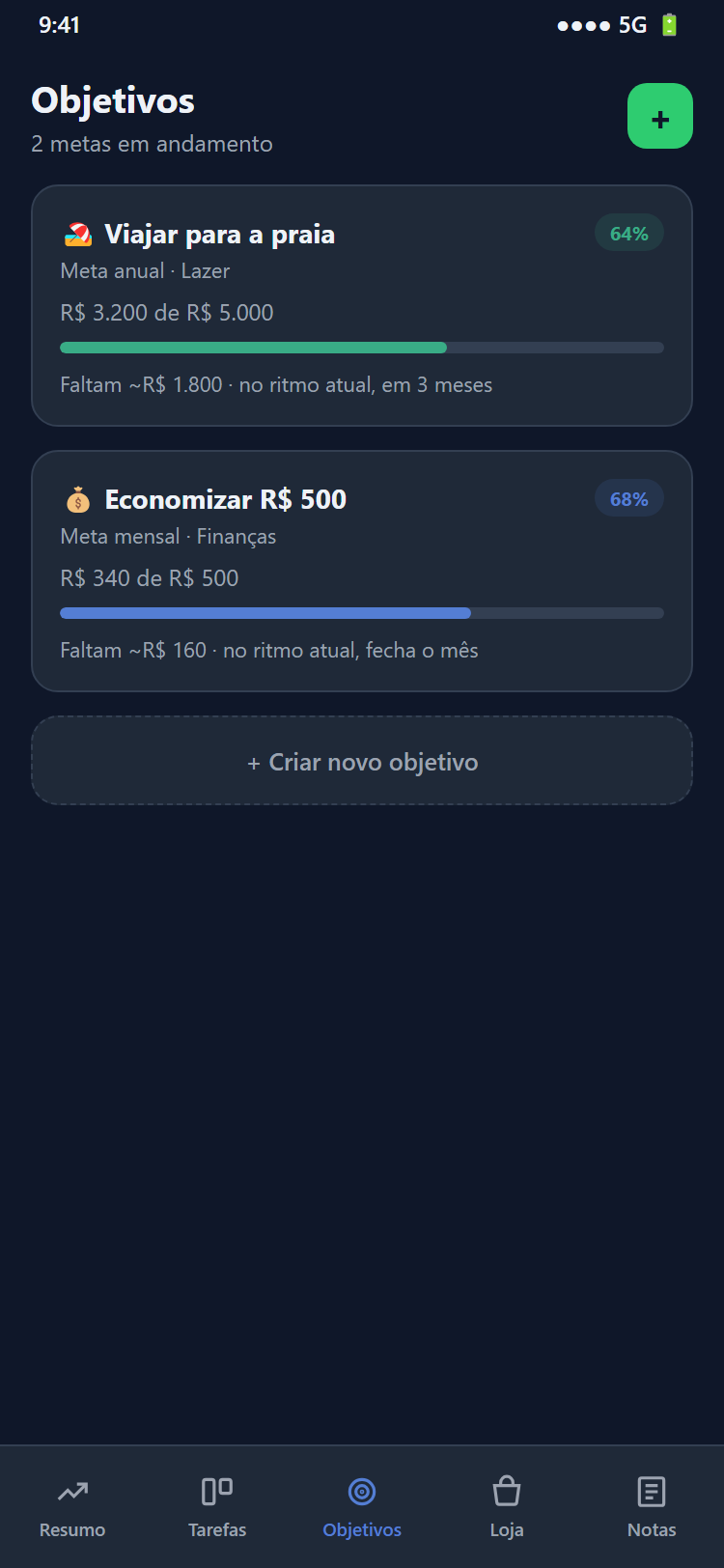 Tela de objetivos com progresso no Trilho app