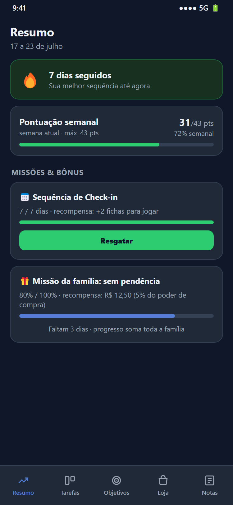 Tela de resumo semanal com missões e bônus no Trilho app