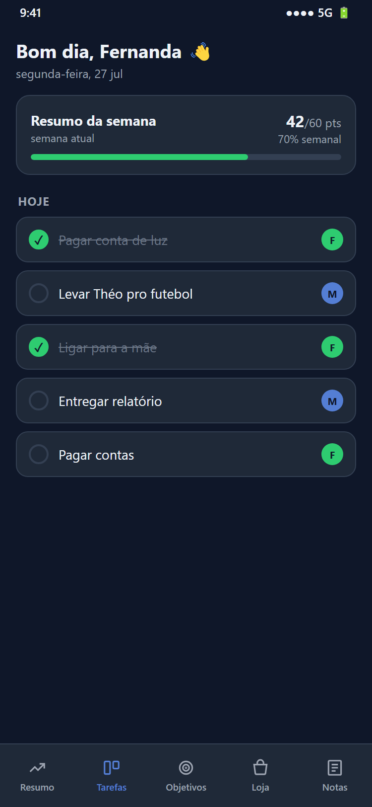 Tela de tarefas do dia no Trilho app